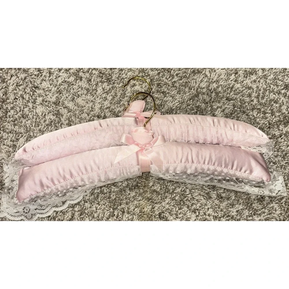 Set of Two Pink Satin and Lace Clothes Hangers Grandma Core Bridal Rosebud